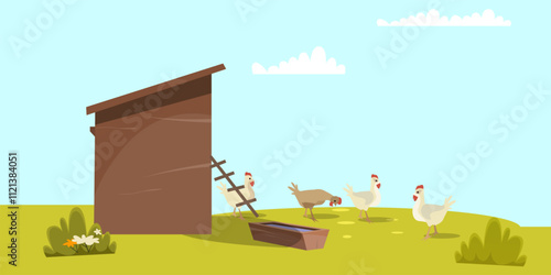 Chickens on green field background. Hen farm landscape. Flat vector illustration. Organic eggs, meat production, eco products concepts.