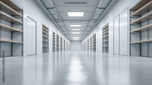 Modern Empty Warehouse Interior With Long Aisle And Shelving Units Under Bright Fluorescent Lighting