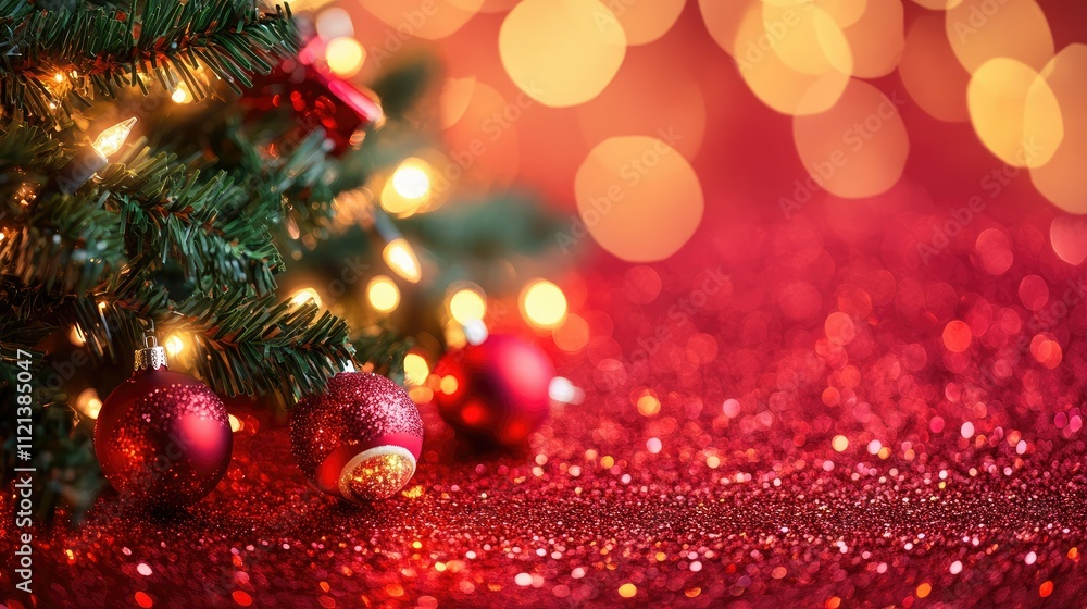 Radiant Christmas tree surrounded by shimmering lights on a glossy red glittering holiday backdrop Radiant Christmas tree surrounded by shimmering lights on a glossy red glittering holiday backdrop
