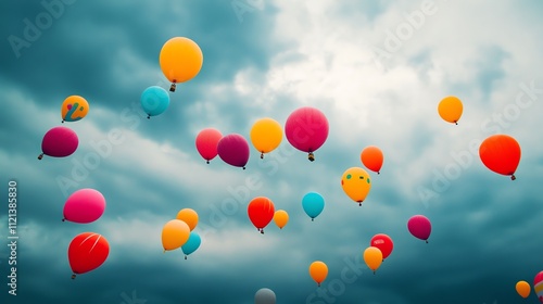 Colorful hot air balloons float in a blue sky filled with clouds. photo