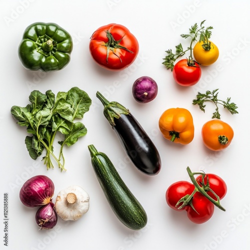 Fresh colorful vegetables arrangement on white background
