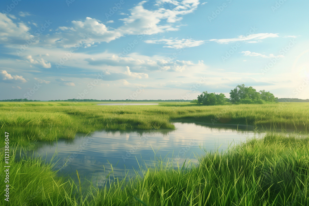 landscape of green fields with beautiful clouds floating over blue sky and crystal clear water stream illustrating elements of natural beauty landscape of green fields with beautiful clouds floating over blue sky and crystal clear water stream illustrating elements of natural beauty