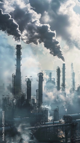 Industrial scene: factory emits thick smoke, darkening sky. Large chimneys release pollution, dimming ambient light. Depicts environmental impact of industrial emissions. photo