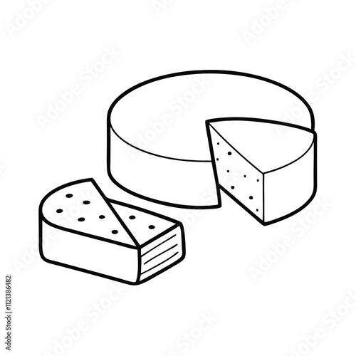 a black and white line drawing of a cheese wheel and two slices of cheese