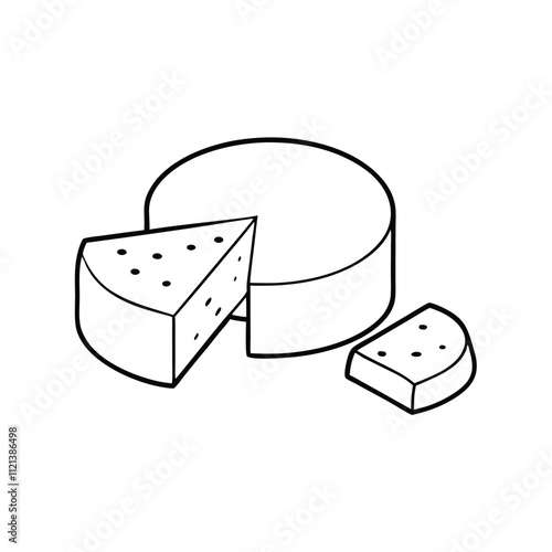 a black and white line drawing of a cheese wheel and two slices of cheese