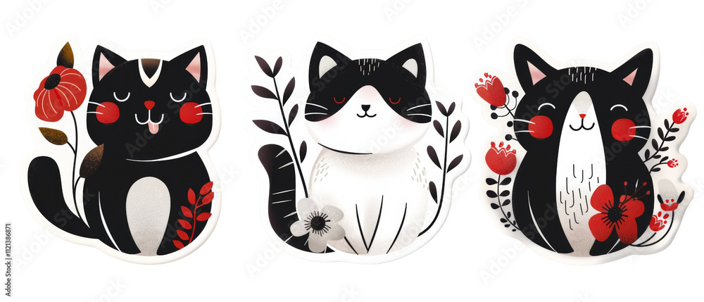 Three adorable cartoon cats in black and white with red flowers and leaves. Three adorable cartoon cats in black and white with red flowers and leaves.