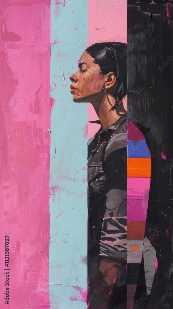 Fototapeta premium A serene woman with closed eyes, black hair, and striped shirt stands against a vibrant backdrop with an optical illusion of depth in a digital painting.