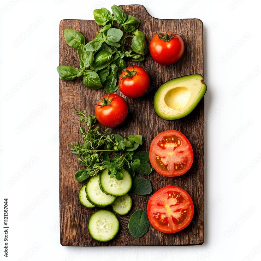 Fresh vegetables and herbs on wooden cutting board with avocado and tomatoes Fresh vegetables and herbs on wooden cutting board with avocado and tomatoes