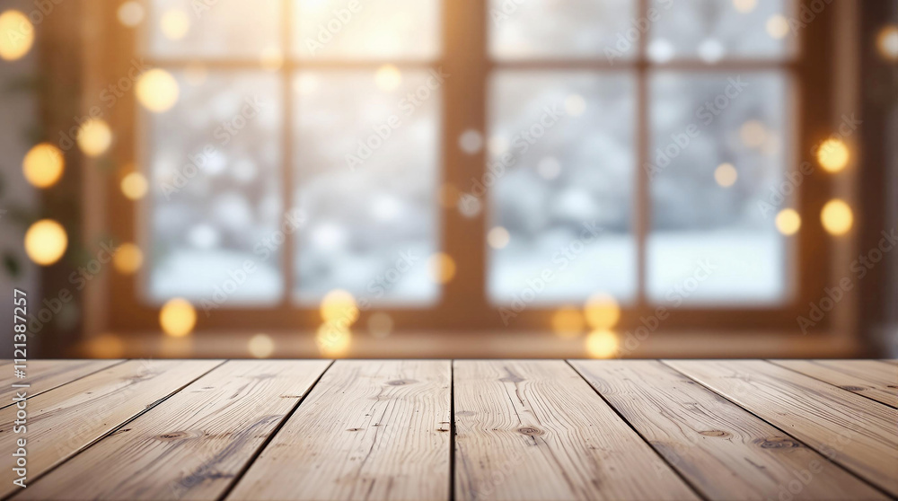 Empty Wooden Table with Blurred Winter Window View, Snowfall, and Pine Trees – Perfect Background for Winter Empty Wooden Table with Blurred Winter Window View, Snowfall, and Pine Trees – Perfect Background for Winter