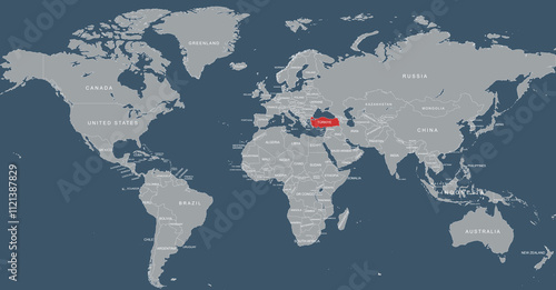 Fototapeta Naklejka Na Ścianę i Meble -  World map with Turkey clearly highlighted in vibrant colors, emphasizing geographical location and connection between these nations