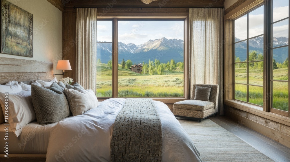 Fototapeta premium Simple, elegant bedroom design with large windows inviting scenic views of a peaceful meadow and distant mountains.