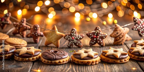 Holiday cookies arranged on a rustic wooden table with festive lights in the background enhancing the celebration atmosphere