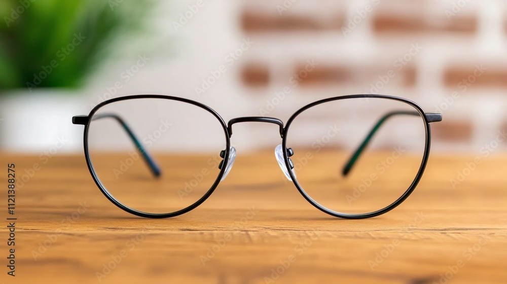 A pair of stylish eyeglasses resting on a wooden surface. A pair of stylish eyeglasses resting on a wooden surface.