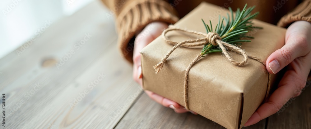 Handmade Gift Wrapping with Brown Kraft Paper, Twine, and a Simple Green Sprig Adding a Natural Touch to Holiday Presents