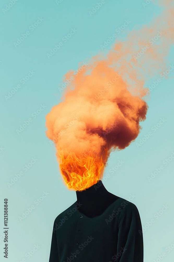 Surreal Art of Flaming Head Against Soft Blue Sky with Vibrant Orange Flames Surreal Art of Flaming Head Against Soft Blue Sky with Vibrant Orange Flames