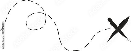 Treasure map element. A dashed line and red X mark ink on the map, the treasure map with a dotted line, an X marks the spot, and the dashed line to a black X	
