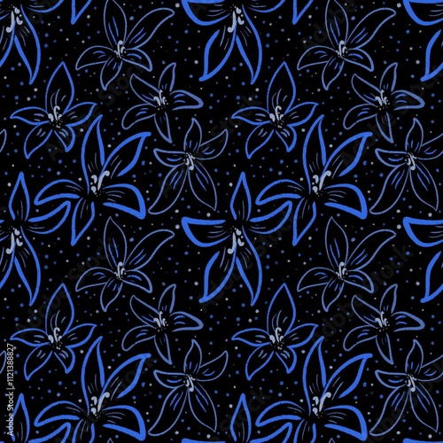 Navy blue vintage background. Cute wild flowers and herbs seamless pattern. Template for creating textiles, fabrics, paper, wallpapers. Dark background.