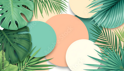 Vector tropical leaves overlapping monstera palm fronds summer hues green teal coral layered composition
