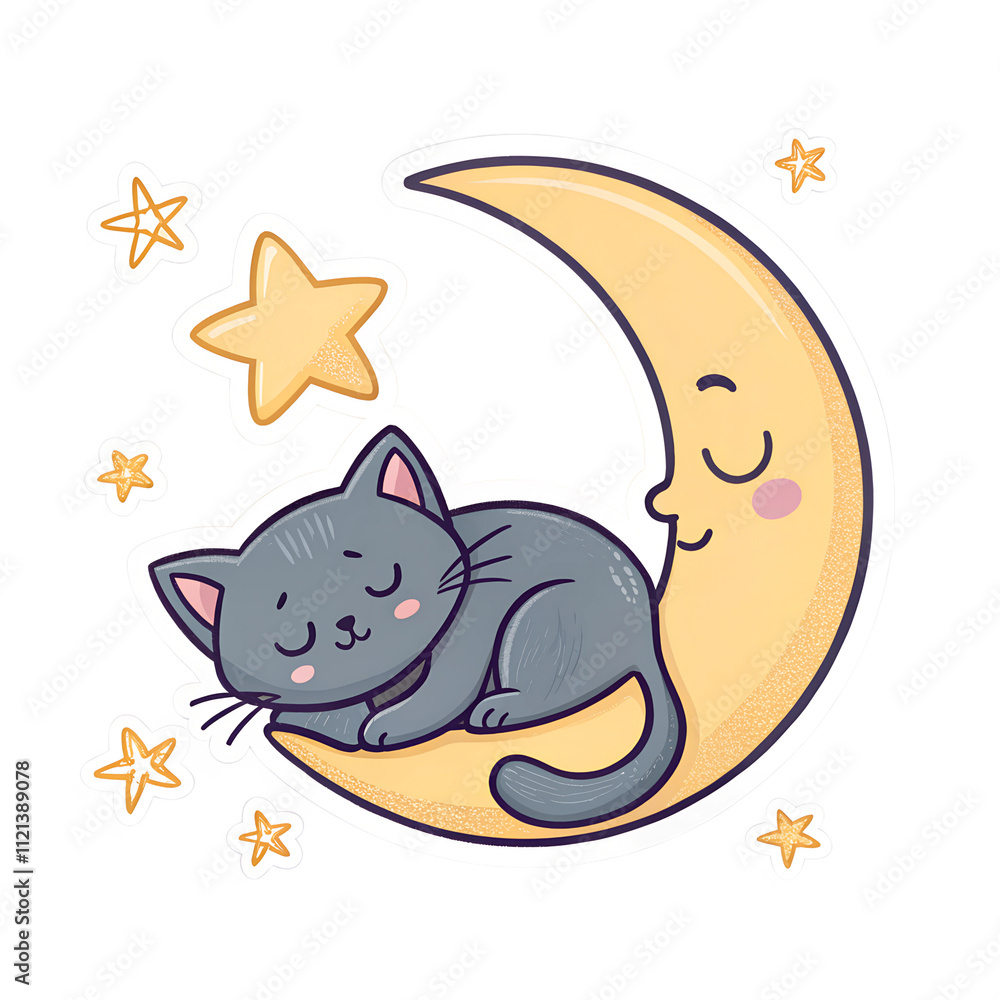 Cute gray cat sleeping on a crescent moon with stars in a whimsical night sky Cute gray cat sleeping on a crescent moon with stars in a whimsical night sky