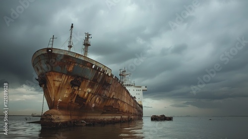 A rusted ship stands anchored in the still waters beneath the moody sky, symbolizing abandoned dreams and stories untold. photo