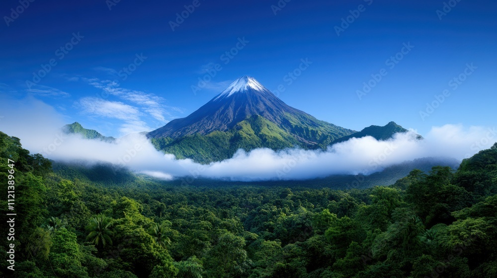 Majestic volcano surrounded by lush green forest and clouds. Majestic volcano surrounded by lush green forest and clouds.