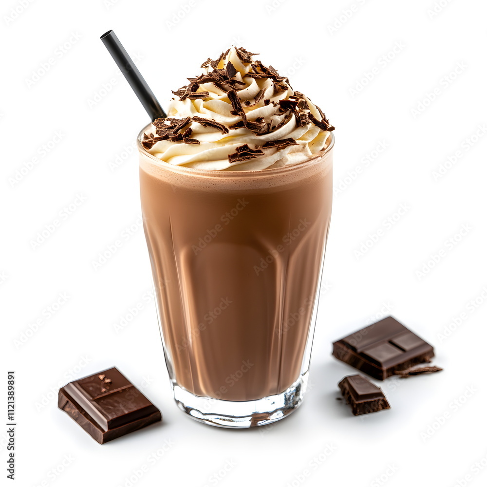 Whipped chocolate mousse with cream in a beautiful glass goblet with chocolate pieces on a white isolated background. Color of the year 2025 mocha mousse. Whipped chocolate mousse with cream in a beautiful glass goblet with chocolate pieces on a white isolated background. Color of the year 2025 mocha mousse.