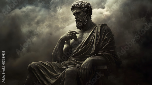 Greek sculpture of an old stoic man, roman god statue, black and white