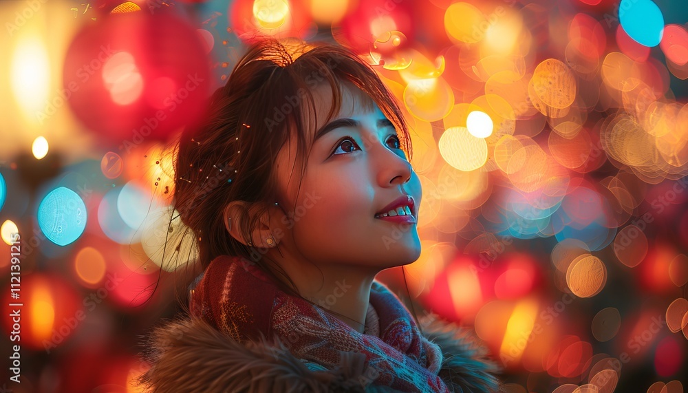 Happy Chinese Woman with Red Lantern Looking at Camera in Cozy Home Happy Chinese Woman with Red Lantern Looking at Camera in Cozy Home