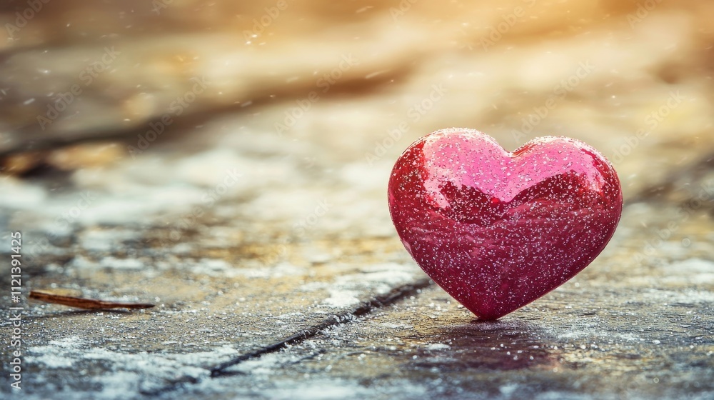 Fototapeta premium Winter Romance with a Sparkling Red HeartA Valentine's Day Celebration in a Snowy Enchantment