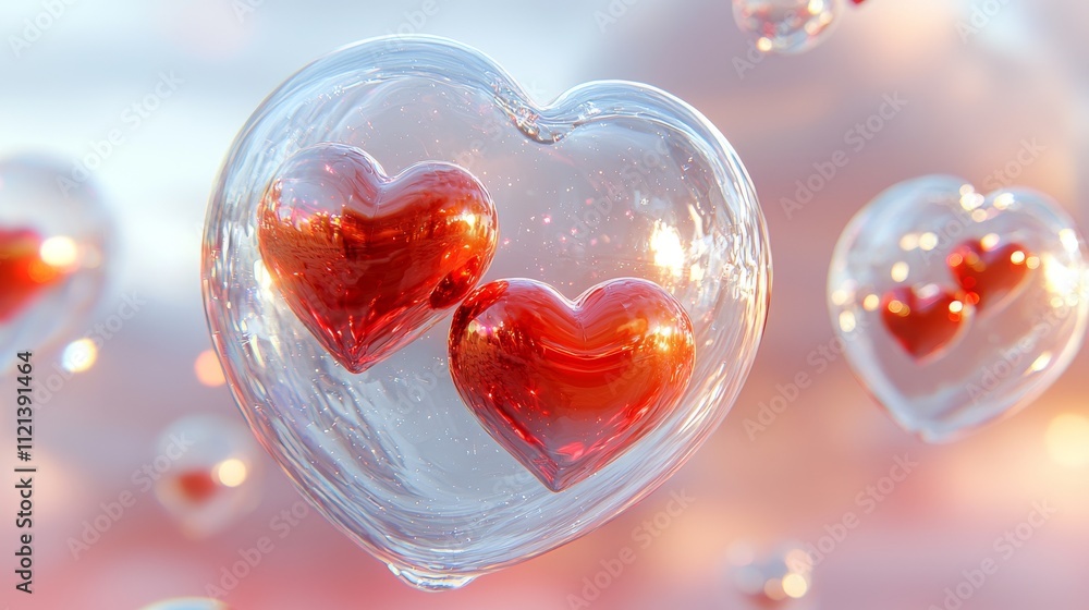 Valentine's Day Celebration with Two Red Hearts in Glass Romantic Atmosphere Digital Art Soft Background Heartfelt Concept Valentine's Day Celebration with Two Red Hearts in Glass Romantic Atmosphere Digital Art Soft Background Heartfelt Concept