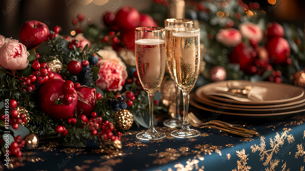 Two champagne glasses on a table with a blue cloth. Two champagne glasses on a table with a blue cloth.