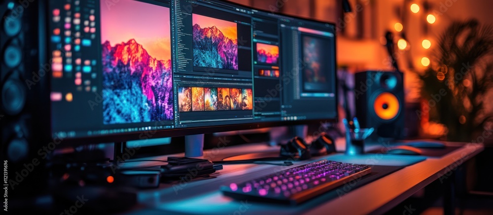 A modern desktop computer with a large monitor displaying a colorful image of a mountain range. A modern desktop computer with a large monitor displaying a colorful image of a mountain range.