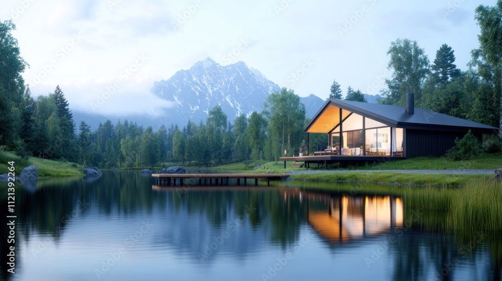 Fototapeta premium Serene lakeside cabin with mountains in the background at dawn.