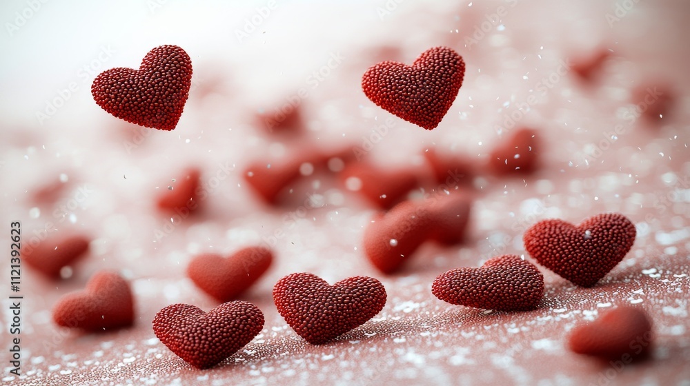 Fototapeta premium Valentine's Day Celebration with Glittering Red Hearts Romantic Setting Decorative Elements Whimsical Atmosphere Close-up Viewpoint