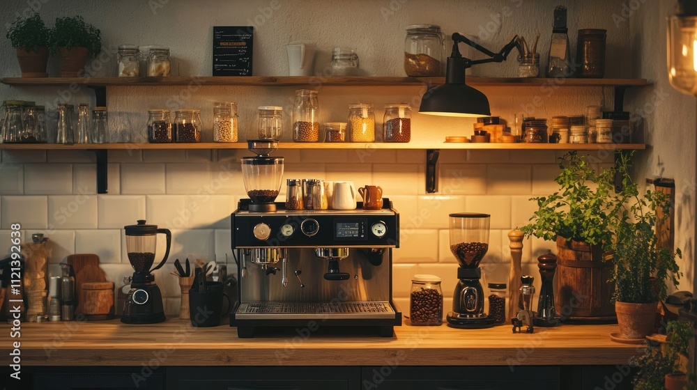 Espresso machine on kitchen counter with shelves and ingredients. Espresso machine on kitchen counter with shelves and ingredients.