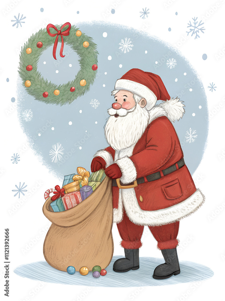 Santa Claus preparing gifts for Christmas in a snowy winter landscape with a festive wreath Santa Claus preparing gifts for Christmas in a snowy winter landscape with a festive wreath