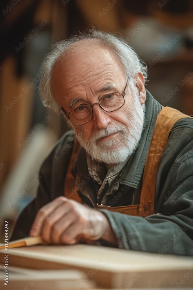 Elderly craftsman meticulously working on wood. Elderly craftsman meticulously working on wood.