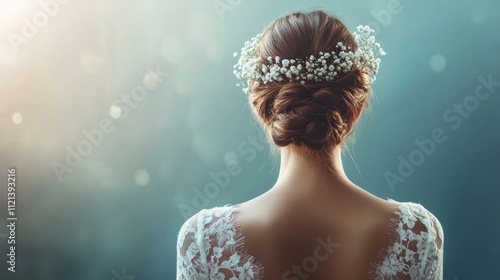 The bride in a beautiful white dress with delicate lace inserts, rear view. her hair is gathered in an elegant bun and decorated with fresh flowers.