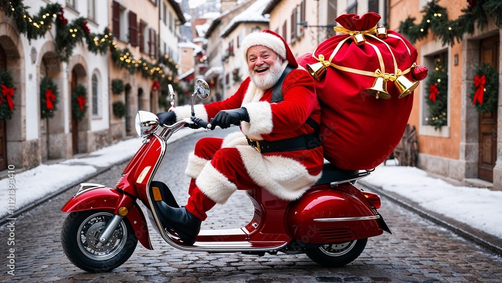 Fototapeta premium Courier with Christmas gifts dressed as Santa on scooter