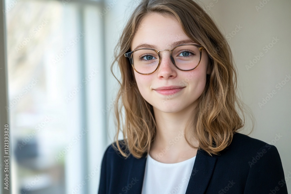 A young woman with glasses smiling in a professional setting. A young woman with glasses smiling in a professional setting.