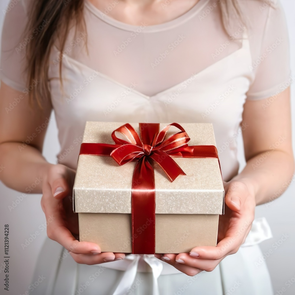 A girl in light clothes holds in her hands a white gift box tied with a red ribbon, hands and a gift close-up A girl in light clothes holds in her hands a white gift box tied with a red ribbon, hands and a gift close-up