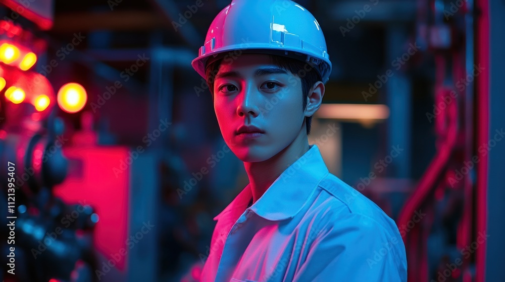 A male Korean engineer in a helmet and a shirt, overseeing operations in a busy factory. He is surrounded by colorful lights and state-of-the-art technology. A male Korean engineer in a helmet and a shirt, overseeing operations in a busy factory. He is surrounded by colorful lights and state-of-the-art technology.
