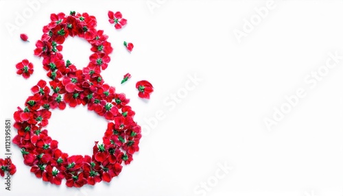 International Women’s Day Celebration Concept. Vibrant Floral Number 8 Design with Red Spring Flowers on White Background, Perfect for Greeting Cards, Posters, Social Media Banners, and Ads photo