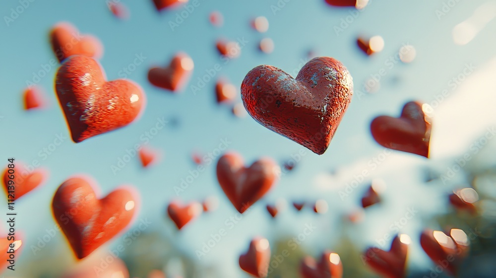 Fototapeta premium Valentine's Day Celebration with Falling Red Hearts in the Sky Abstract Art Romantic Environment Whimsical Perspective