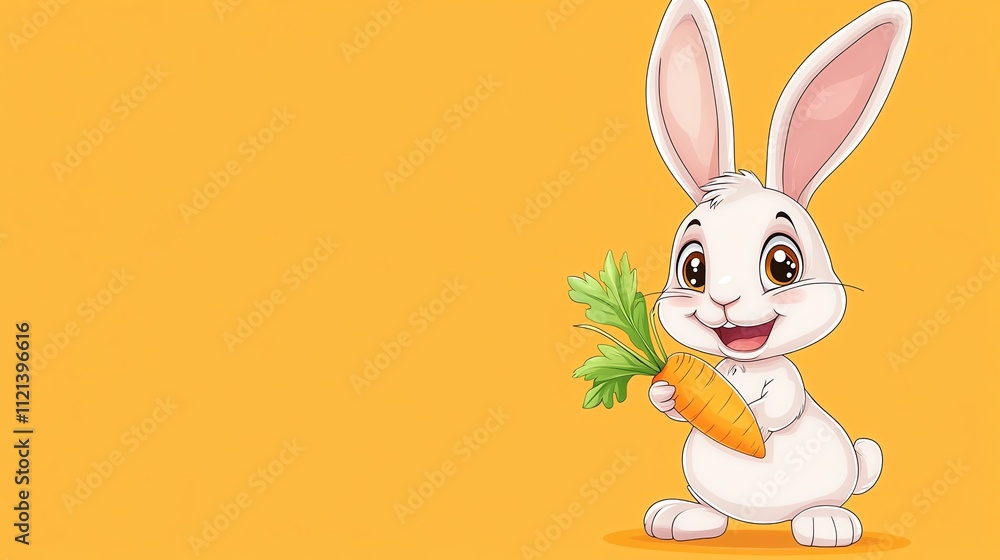 A cartoon rabbit with big eyes and a big smile, stands on a yellow background, holding a carrot. A cartoon rabbit with big eyes and a big smile, stands on a yellow background, holding a carrot.