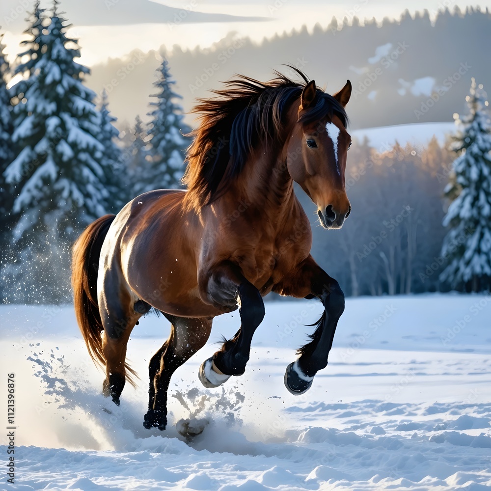 Majestic Horse Jumping in Snowy Winter Landscape, 8K Majestic Horse Jumping in Snowy Winter Landscape, 8K