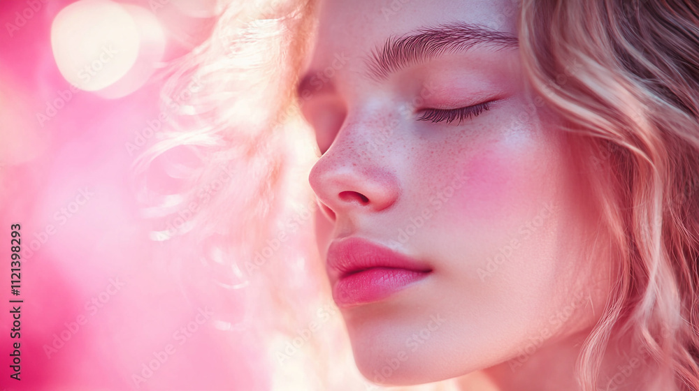 Young woman with closed eyes enjoying serene moment in soft pink lighting Young woman with closed eyes enjoying serene moment in soft pink lighting