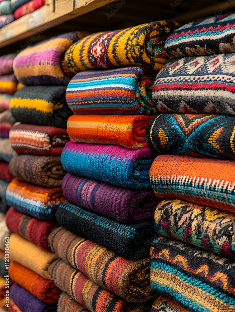 Colorful rolled blankets stacked on wooden shelves. Colorful rolled blankets stacked on wooden shelves.