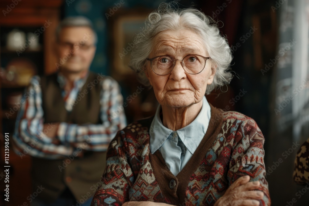 Elderly woman with glasses stands indoors, arms crossed, with an older man in the background. Concept of aging and wisdom. For family or lifestyle photo. Elderly woman with glasses stands indoors, arms crossed, with an older man in the background. Concept of aging and wisdom. For family or lifestyle photo.