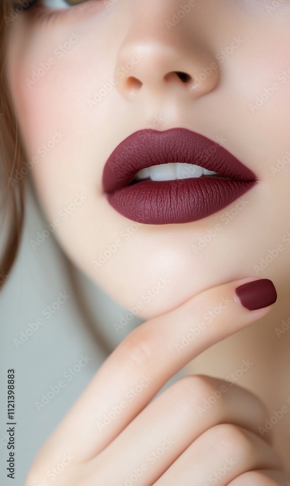 Fototapeta premium Close-up of a woman's lips with bold lipstick and manicured nails.